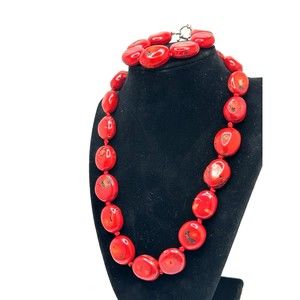 RED Lg GENUINE CORAL NECKLACE & BRACELET SET Statement/Runway/Chunky “Gorgeous”